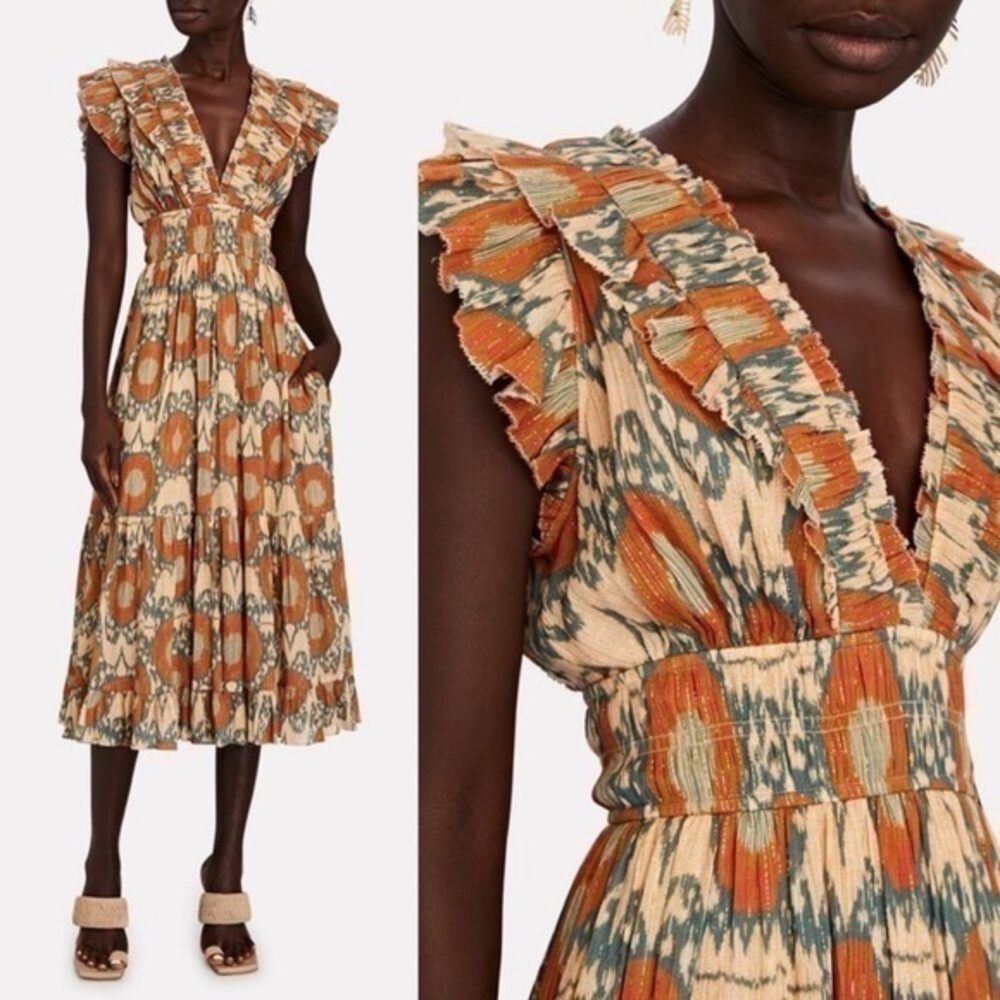 Ulla Johnson Samara Midi Dress in Nimbus Orange Green Metallic pockets